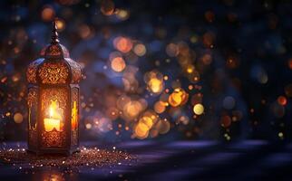 ai generiert glühend Arabisch Laterne mit Kerze und golden Bokeh zum Ramadan kareem foto