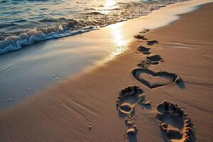 ai generiert Liebe Reise - - Fußabdrücke führen zu ein Herz im das Sand foto