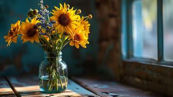 ai generiert strahlend Sonnenblumen im ein Vase - - aalen im Sonnenlicht, der Natur golden Schönheit beleuchtet foto