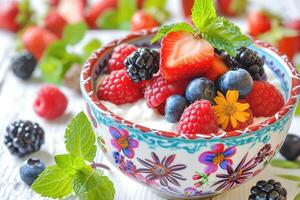 ai generiert Frühstück Glückseligkeit - - ein bunt Schüssel von frisch Beeren und Joghurt foto