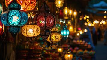 ai generiert fesselnd Traditionen - - Ramadan Laterne Markt mit bunt Beleuchtung und festlich Atmosphäre foto