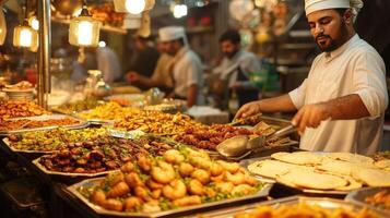 ai generiert köstlich Freuden - - Ramadan Essen Feierlichkeiten im ein beschwingt Basar foto