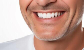 ai generiert schließt oben sauber Zähne mit Lachen und lächelnd isoliert auf Weiß Hintergrund. foto
