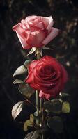 ai generiert zwei Rosen sind gezeigt im Vorderseite von jeder andere foto
