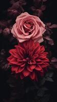 ai generiert zwei Rosen sind gezeigt im Vorderseite von jeder andere foto