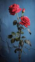 ai generiert rot Rose gegen ein Blau Mauer foto