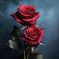 ai generiert zwei rot Rosen sind gezeigt gegen ein dunkel Hintergrund foto