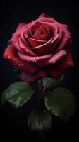 ai generiert ein Single rot Rose ist gezeigt gegen ein schwarz Hintergrund foto