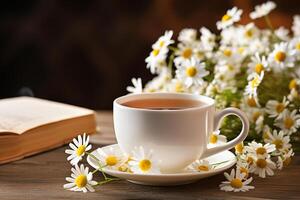 ai generiert Tasse von Tee und Kamille Blumen auf hölzern Hintergrund foto