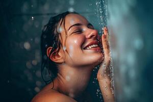 ai generiert heiter jung Mädchen unter das Laufen Wasser von das Dusche foto