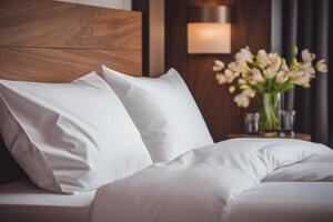 ai generiert schön Bett im ein Hotel Zimmer mit Weiß Kissen foto