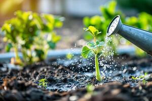 ai generiert Bewässerung jung Pflanze im das Garten mit Sonnenlicht. Natur Hintergrund. foto