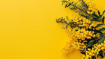ai generiert Ast von Mimose auf Gelb Hintergrund. eben legen, oben Sicht. foto