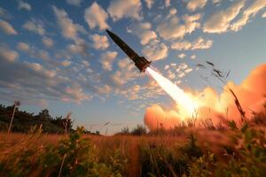 ai generiert ballistisch Rakete Start, Militär- Aktion, Zerstörung foto