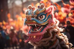 ai generiert ein traditionell Chinesisch Drachen Tänze das Drachen tanzen beim das Chinesisch Neu Jahr Festival foto