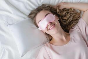 ai generiert oben Aussicht von lächelnd jung Frau mit Rosa Schlaf Maske Lügen auf Bett. Welt Schlaf Tag foto