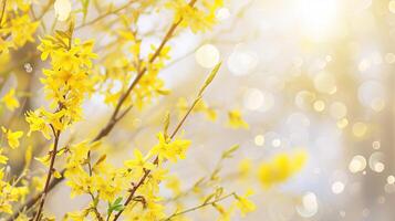 ai generiert Gelb Blumen von Forsythie, ebenfalls bekannt wie das japanisch Hartriegel. foto