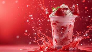ai generiert Erdbeere Milchshake mit Spritzen von rot Flüssigkeit foto