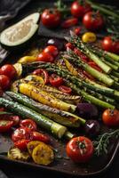 ai generiert Spargel, Tomaten, und andere frisch Gemüse vereinbart worden auf ein Tablett foto