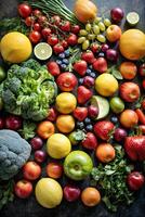 ai generiert ein bunt Anzeige von frisch Früchte und Gemüse auf ein rustikal Tabelle foto