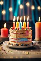 ai generiert ein Geburtstag Kuchen mit zündete Kerzen auf ein Tabelle foto