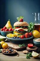 ai generiert ein köstlich und gesund Hamburger mit ein Vielfalt von frisch Früchte und Gemüse auf ein Tabelle foto