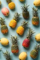 ai generiert Ananas und Bananen auf ein beschwingt Blau Hintergrund foto