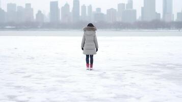 ai generiert ein Frau Stehen im das Schnee im Vorderseite von ein Stadt Horizont mit Wolkenkratzer im das Hintergrund, tragen ein grau Mantel und rot Stiefel. foto