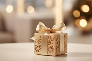 ai generiert ein klein Geschenk Box mit ein Bogen auf ein Tabelle im ein Zimmer mit Beleuchtung und ein Weihnachten Baum im das Hintergrund. foto