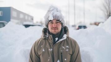 ai generiert ein Mann Stehen im das Schnee im ein braun Jacke und ein Hut auf seine Kopf, ein Auto im das Hintergrund. foto