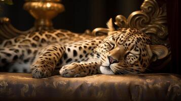 ai generiert ruhen Leopard auf luxuriös golden Sofa foto