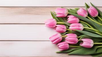 ai generiert Rosa Tulpen gelegt auf hölzern Hintergrund foto