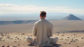 ai generiert Mann meditieren im Wüste, großartig zum Wellness und Achtsamkeit Konzepte foto