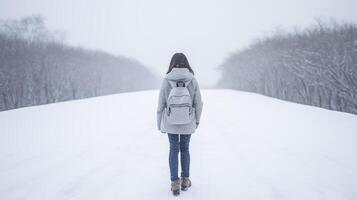 ai generiert ein Person Gehen im das Schnee mit ein Rucksack auf ihr zurück und Bäume im das Hintergrund. foto