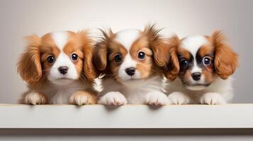 ai generiert drei Kavalier König Charles Spaniel Welpen suchen Über Kante foto