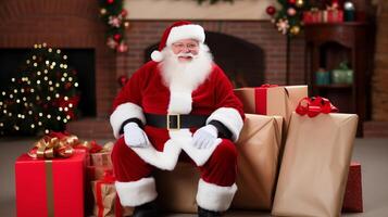 ai generiert Santa claus mit Geschenke feiern Weihnachten Urlaub Geist foto