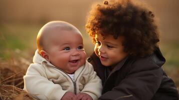 ai generiert Kleinkind und Baby Teilen ein froh Moment im golden Stunde foto