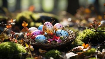 ai generiert Ostern Ei jagen im Frühling Wald Rahmen - - perfekt zum festlich Designs und Dekor foto