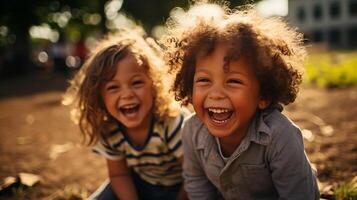 ai generiert froh Kinder Lachen zusammen im sonnendurchflutet Park foto