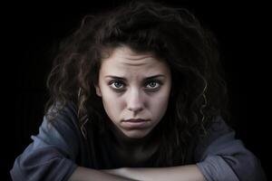 ai generiert jung kaukasisch Frau mit besorgt Ausdruck, zum mental Gesundheit Bewusstsein foto