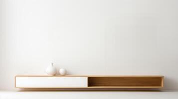ai generiert minimalistisch hölzern Regal mit Vasen, simpel Design ästhetisch foto
