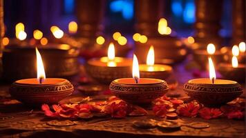 ai generiert traditionell Diya Lampen zündete während Diwali Feier foto