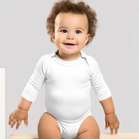 ai generiert Baby Mode Attrappe, Lehrmodell, Simulation - - Weiß Bodysuit zum bezaubernd Säugling Stil foto