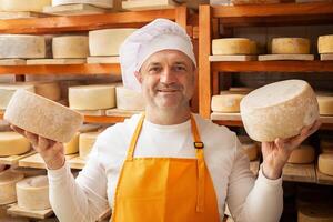 männlich, Mann Käse Hersteller Geschäftsmann, Individuell Unternehmer, prüft Käse im Keller, Keller. Käse Kopf reift auf hölzern Regale, Prozess von produzieren hausgemacht. Porträt. foto