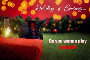 schwarz Hase ist Symbol von 2023, Weihnachten, Neu Jahr, Winter Urlaub. rot Hintergrund, Weihnachten Baum mit Bälle und Girlande, Text tun Sie will abspielen Spiel, teuflisch, schlecht, erschreckend. foto