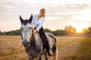 Frau liebt ein Pferd. Liebe und Freundschaft zum das Tier, Pflege foto