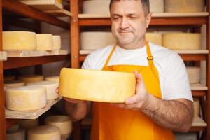 Porträt von Käse macher im Keller, Keller. Zuhause Käse Produktion, Geschäft, Unternehmer. drinnen, hölzern Regale. hält ein Kreis im seine Hände foto