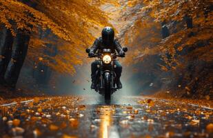 ai generiert ein Motorrad Fahrer auf ein Straße im Herbst foto