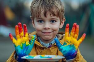 ai generiert Kind mit Regenbogen gemalt Hände halten ein Papier Teller foto
