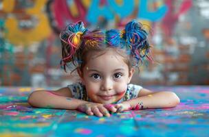 ai generiert Kind auf Tabelle mit bunt Haar und Hände im Kunst und Kunsthandwerk foto